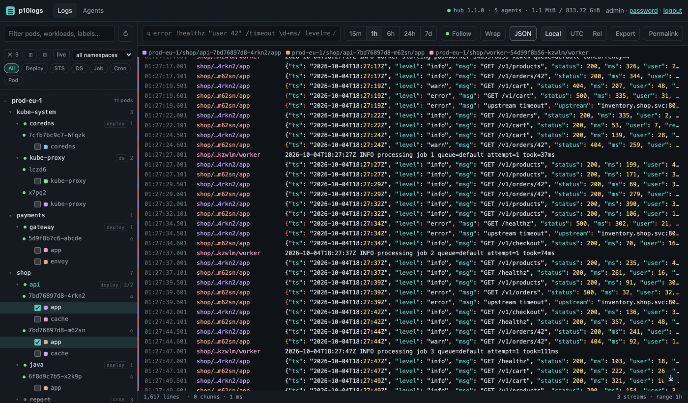 Logs: workload tree, two api pods and a crash-looping worker interleaved, JSON highlighted