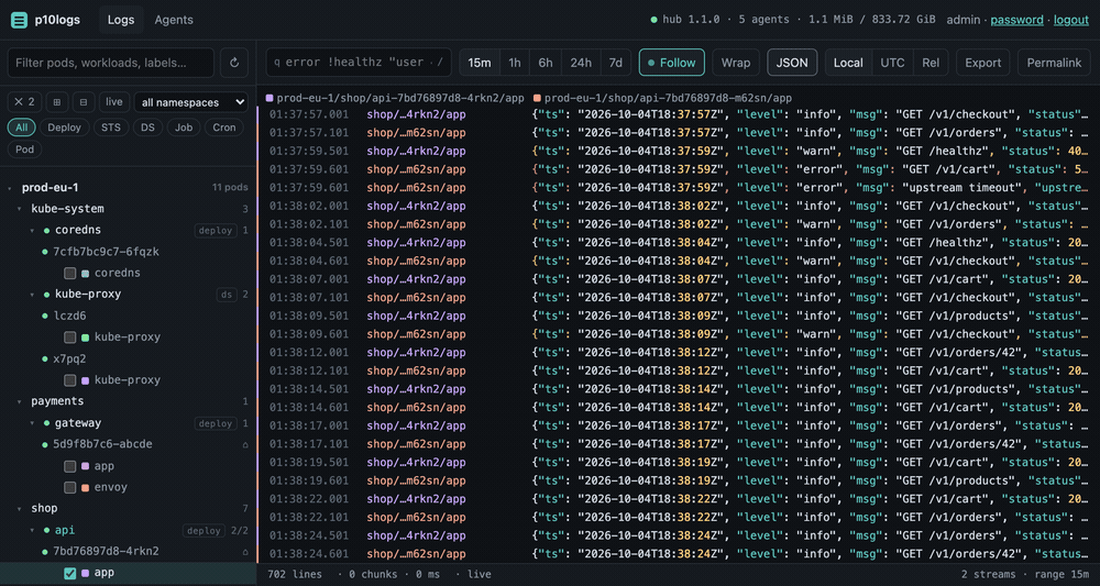 Live tail of two api pods, interleaved by timestamp